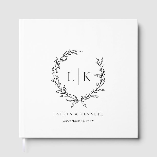 Monogramm Kranz Schwarz Weiß Hochzeit Gästebuch (Vorderseite)