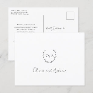 Monogramm-Kranz-Wappen Elegante Hochzeits-Dankeska Postkarte