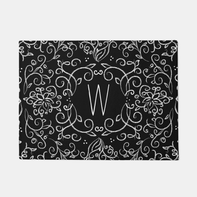 Monogramm-Kreide-Schwarzweiss-mit Filigran Fußmatte (Vorderseite)