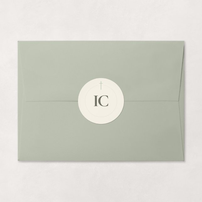 Monogramm-Kreuz in Grace Sage Runder Aufkleber (Grace | Sage - Minimal Cross Monogram Sticker Shown on Envelope)