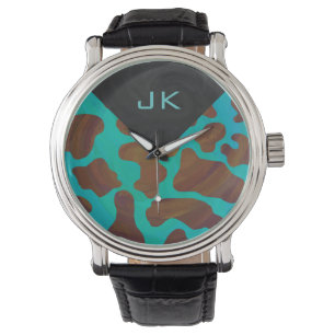 Monogramm Kuh braun und Aquamarin Armbanduhr