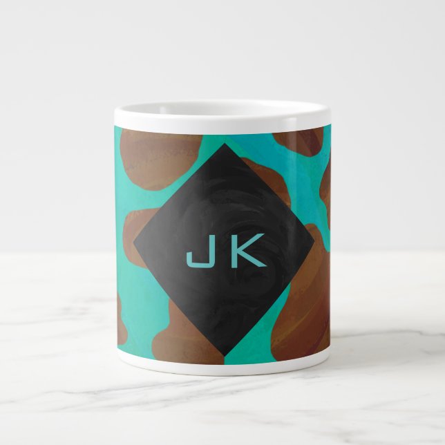 Monogramm Kuh braun und Aquamarin Jumbo-Tasse (Vorderseite)