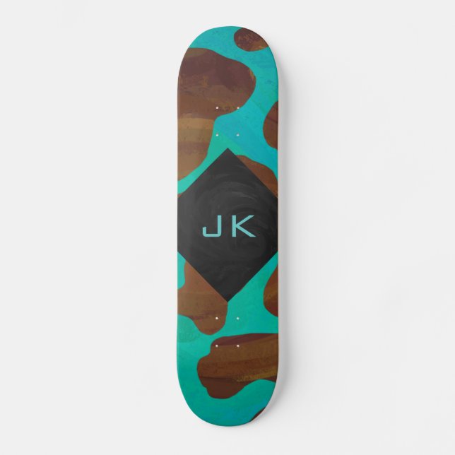 Monogramm Kuh braun und Aquamarin Skateboard (Vorderseite)