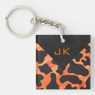Monogramm Kuh Schwarz und Orange Druck Schlüsselanhänger