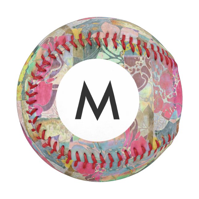 Monogramm Kunst Blumen Grunge-Muster Baseball (Vorderseite Links)