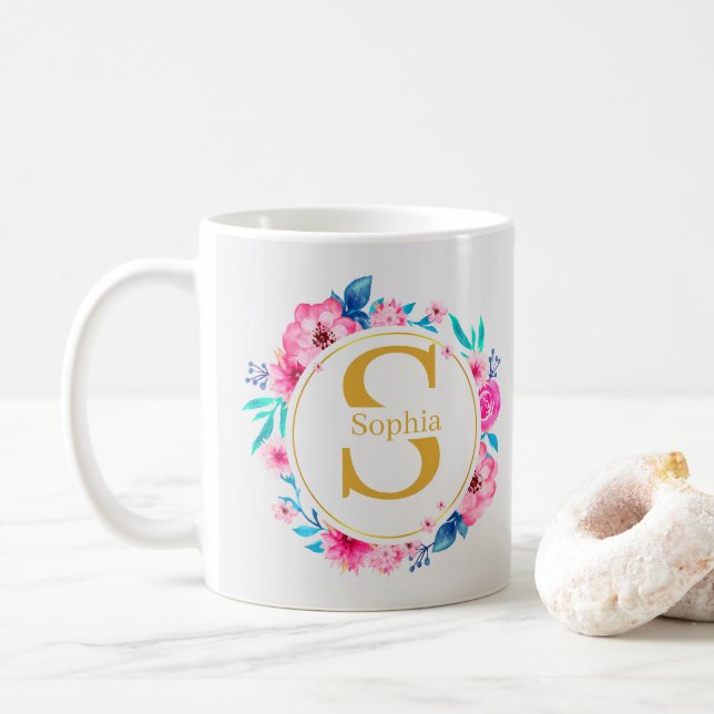 Monogramm Kunst I Goldinitiale und Wasserfarben-Ro Kaffeetasse (Mit Donut)