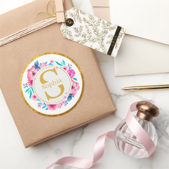 Monogramm Kunst I Goldinitiale und Wasserfarben-Ro Runder Aufkleber (Schenken)