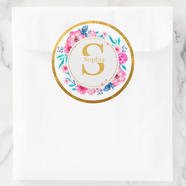 Monogramm Kunst I Goldinitiale und Wasserfarben-Ro Runder Aufkleber (Tasche)