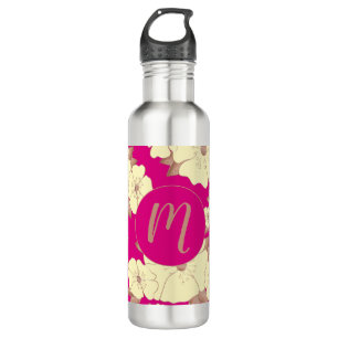 Monogramm Kupfer und gelbe Blüte auf Fuchsienrosa Edelstahlflasche