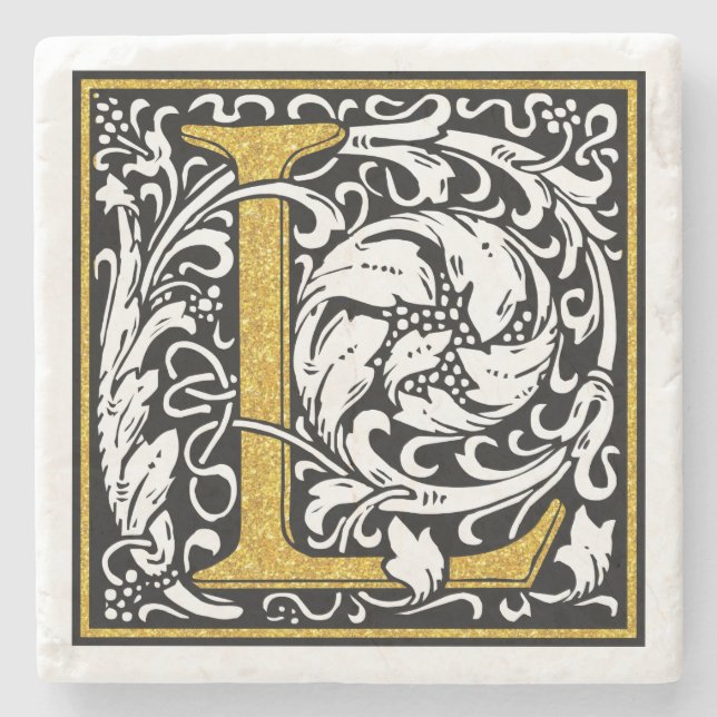 Monogramm L-Blütenakzente für Schwarz und Gold-Gli Steinuntersetzer (Vorderseite)