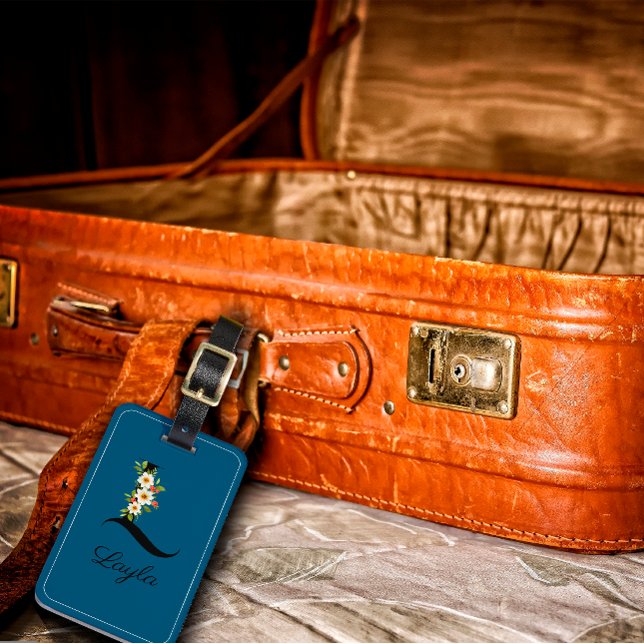 Monogramm L Kobalt Aquarell Blume Gepäckstück Gepäckanhänger (Von Creator hochgeladen)