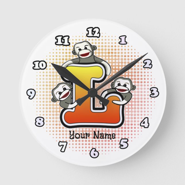 Monogramm L Sock Monkey-Uhr Runde Wanduhr (Vorderseite)