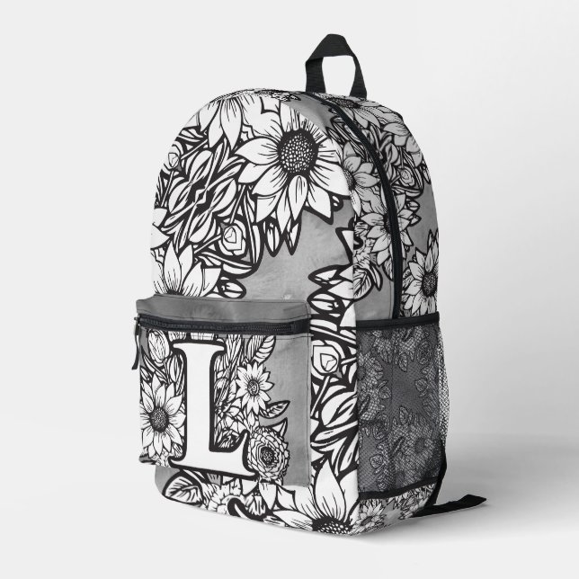 Monogramm "L" Sonnenblumen-Muster Schwarz-Weiß DIY Bedruckter Rucksack (Rückseitige Ecke Rechts)
