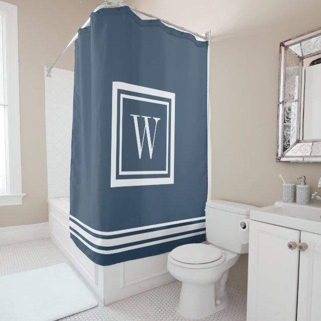 Monogramm Lake Blue und White Classic Square Duschvorhang (Beispiel)
