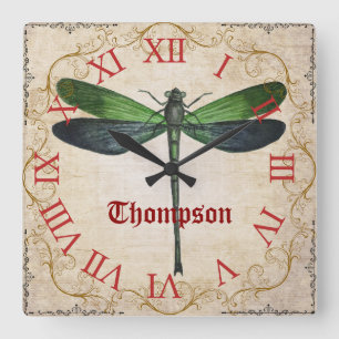 Monogramm Landhaus-Stil Grunge-Hintergrund Libelle Quadratische Wanduhr