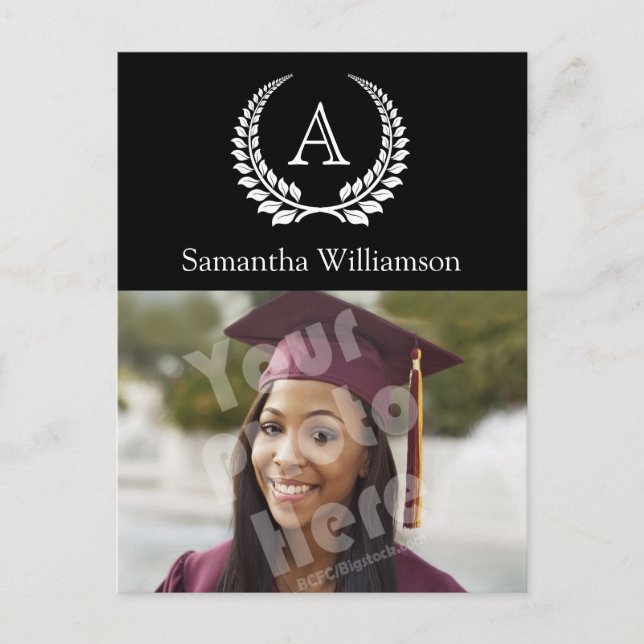 Monogramm Laurel Schwarz/Weiß Ankündigungspostkarte (Vorderseite)