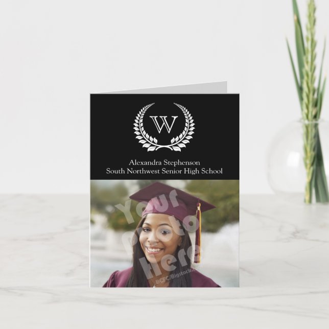 Monogramm Laurel Schwarz/Weiß Einladung (Vorderseite)