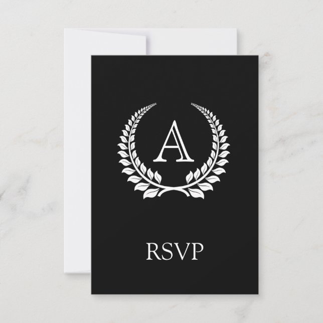 Monogramm Laurel Schwarz/Weiß RSVP Karte (Vorderseite)