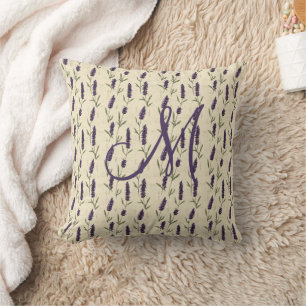 Monogramm Lavendel Lila Beige Botanisch Floral Kissen