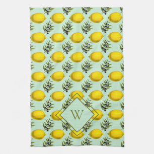 Monogramm Lemon und Olivenmuster gelb und blau Geschirrtuch
