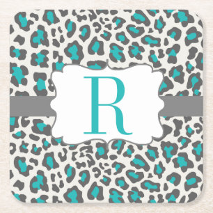 Monogramm-Leopard-Aqua-grauer Weißbuch-Untersetzer Rechteckiger Pappuntersetzer