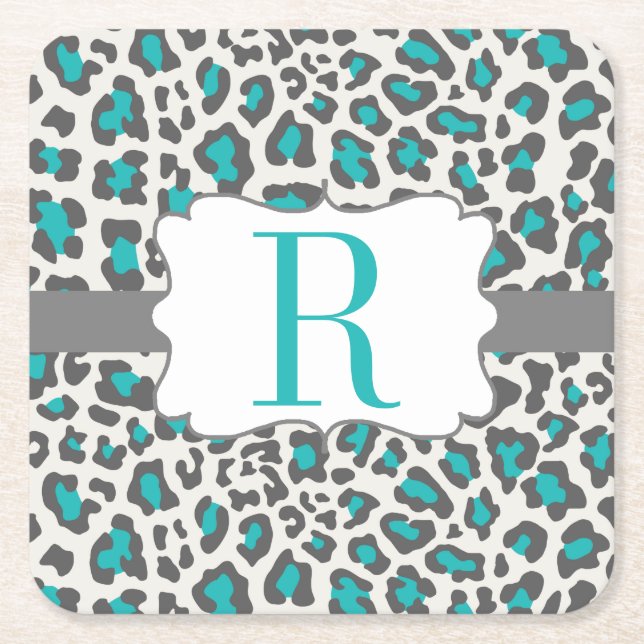 Monogramm-Leopard-Aqua-grauer Weißbuch-Untersetzer Rechteckiger Pappuntersetzer (Vorderseite)