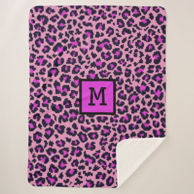 Monogramm Leopard Print Initial Animal Lila Sherpadecke (Vorderseite)