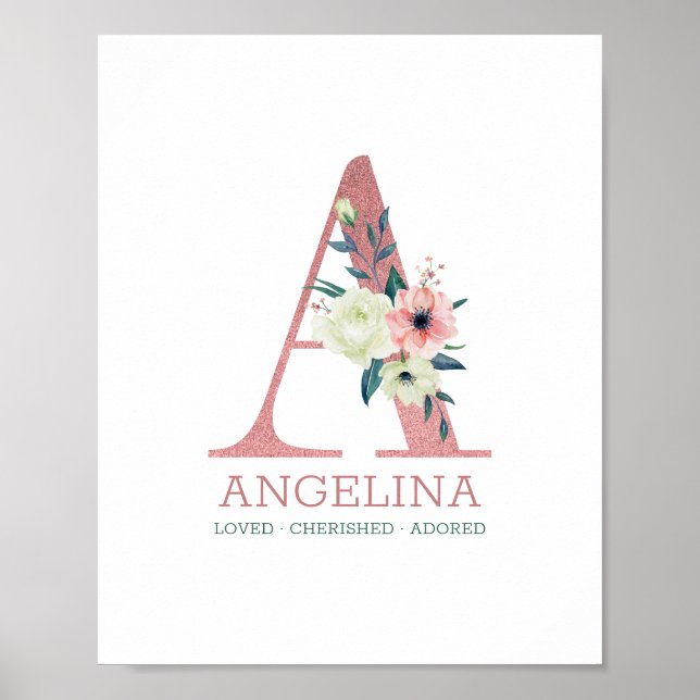 Monogramm Letter A Pink Watercolor Floral Kinderzi Poster (Vorne)