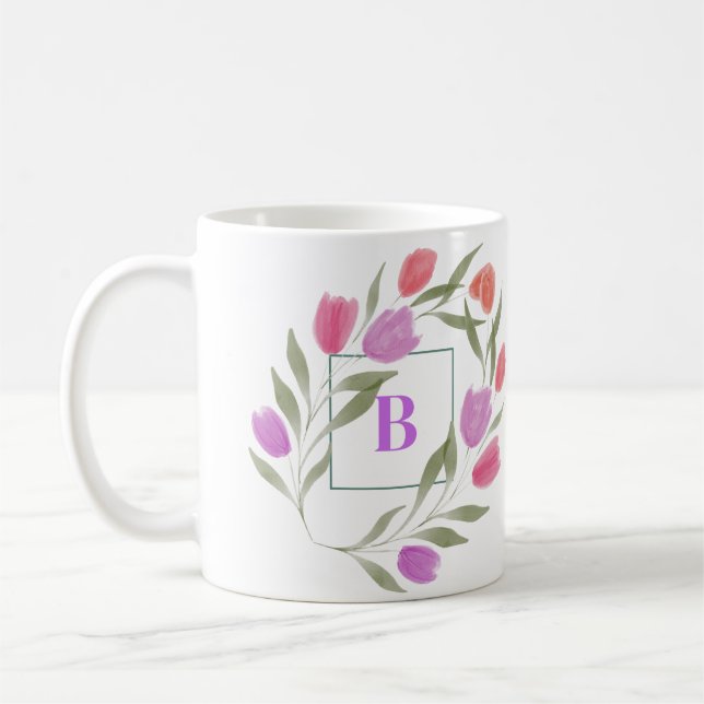 Monogramm Letter B Lila und weiß mit Blume Kaffeetasse (Links)