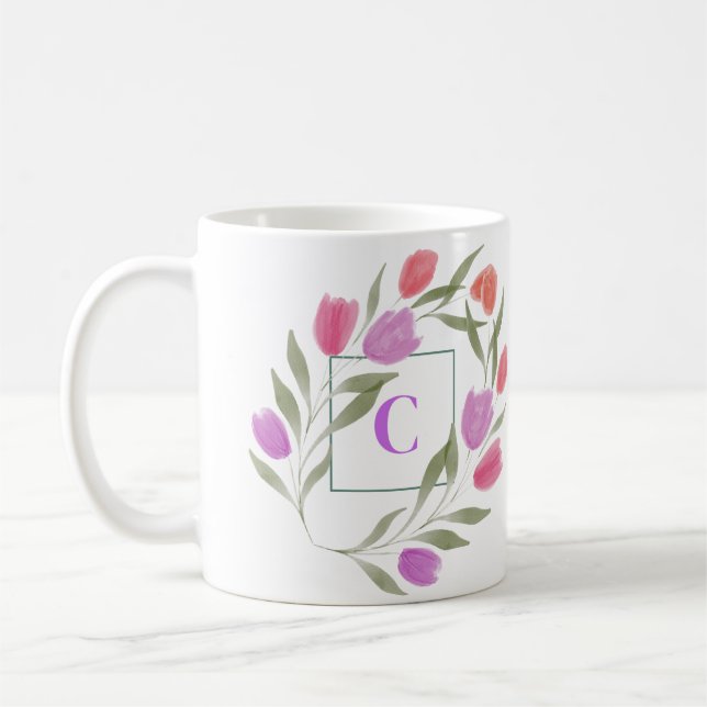 Monogramm Letter C Lila und weiß mit Blume Kaffeetasse (Links)