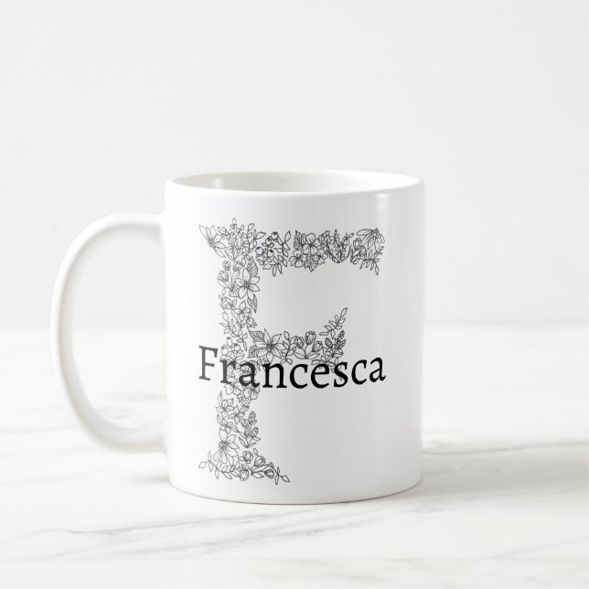 Monogramm Letter F Schwarz-weiße botanische Blüte Kaffeetasse (Links)