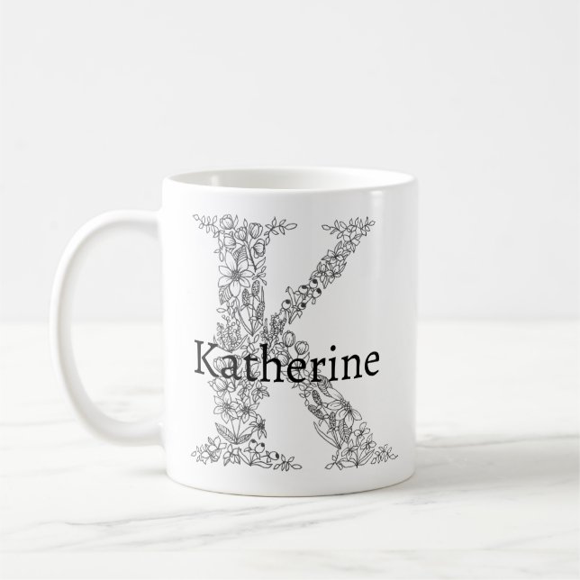 Monogramm Letter K Schwarz-weißes botanisches Flor Kaffeetasse (Links)