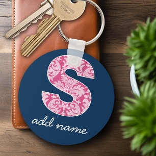 Monogramm Letter S (Navy and Hot Pink Damask Muste Schlüsselanhänger