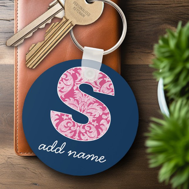 Monogramm Letter S (Navy and Hot Pink Damask Muste Schlüsselanhänger (Personalized Keychain - Modern Monogram)