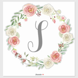 Monogramm Letter S Wasserfarbige Rose Blumenkraut Aufkleber