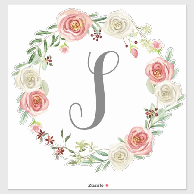 Monogramm Letter S Wasserfarbige Rose Blumenkraut Aufkleber (Blatt)