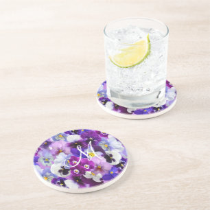 Monogramm lila blau weiße Stiefmütterchen Blumen  Getränkeuntersetzer