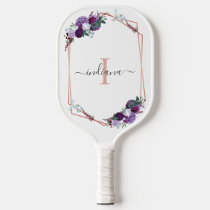 Monogramm Lila Blumen Roségold Geometrischer Name Pickleball Schläger