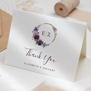 Monogramm-Lila-Blumenkranz-Hochzeit-Danke Karte