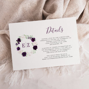 Monogramm-Lila-Blumenkranz-Hochzeitsdetails Begleitkarte