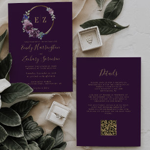Monogramm-Lila-Blumenkranz-QR-Code-Hochzeit Einladung