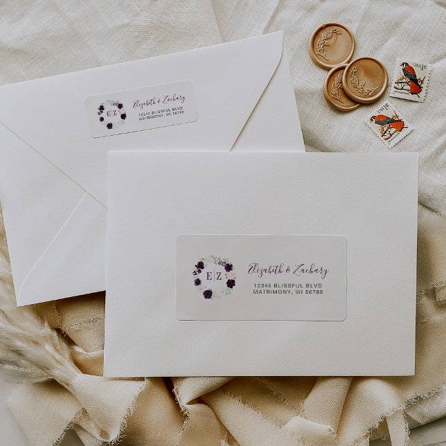 Monogramm Lila Blush Bloral Wreath Rücksendeadress (Von Creator hochgeladen)