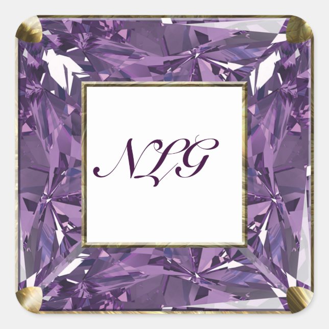Monogramm Lila-Edelstein Quadratischer Aufkleber (Vorderseite)