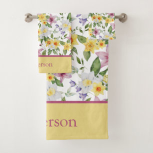 Monogramm Lila-Gelbgrün-Chic Badhandtuch Set
