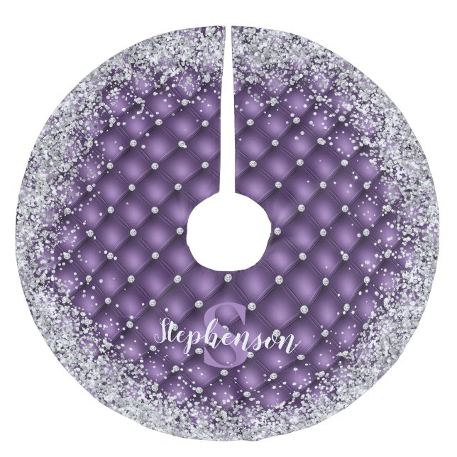 Monogramm lila getufteter Diamant Silber Glitter G Polyester Weihnachtsbaumdecke (Vorderseite)