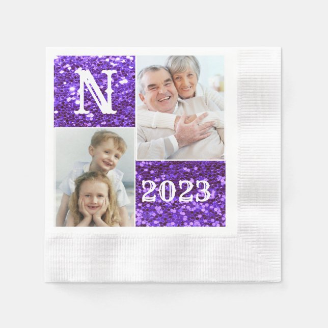 Monogramm Lila Glitzer 2 Foto Collage Serviette (Vorderseite)