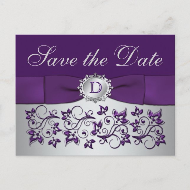 Monogramm Lila Graue Floral Save the Date Postkart Ankündigungspostkarte (Vorderseite)