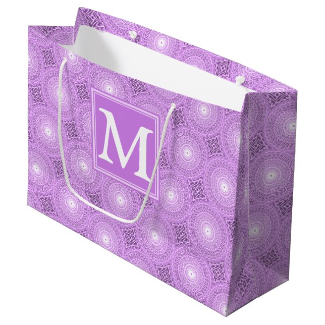 Monogramm-Lila-lila Kreismuster Große Geschenktüte (Vorderseite Schrägansicht)