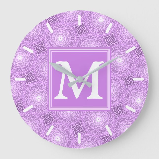 Monogramm-Lila-lila Kreismuster Große Wanduhr (Vorderseite)