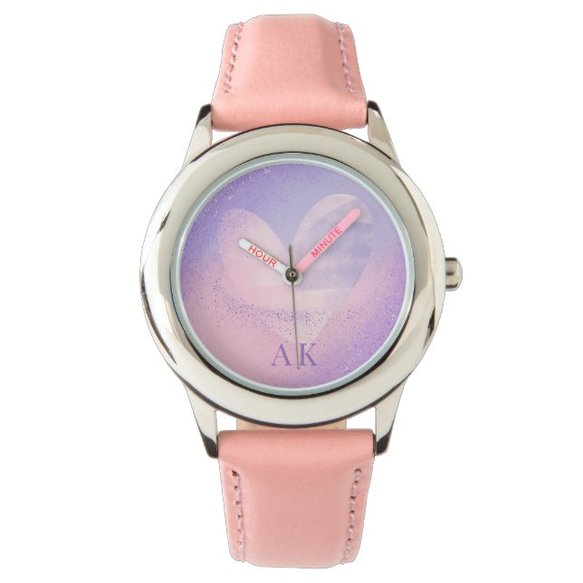Monogramm Lila rosa Gradient Herz Armbanduhr (Vorderseite)